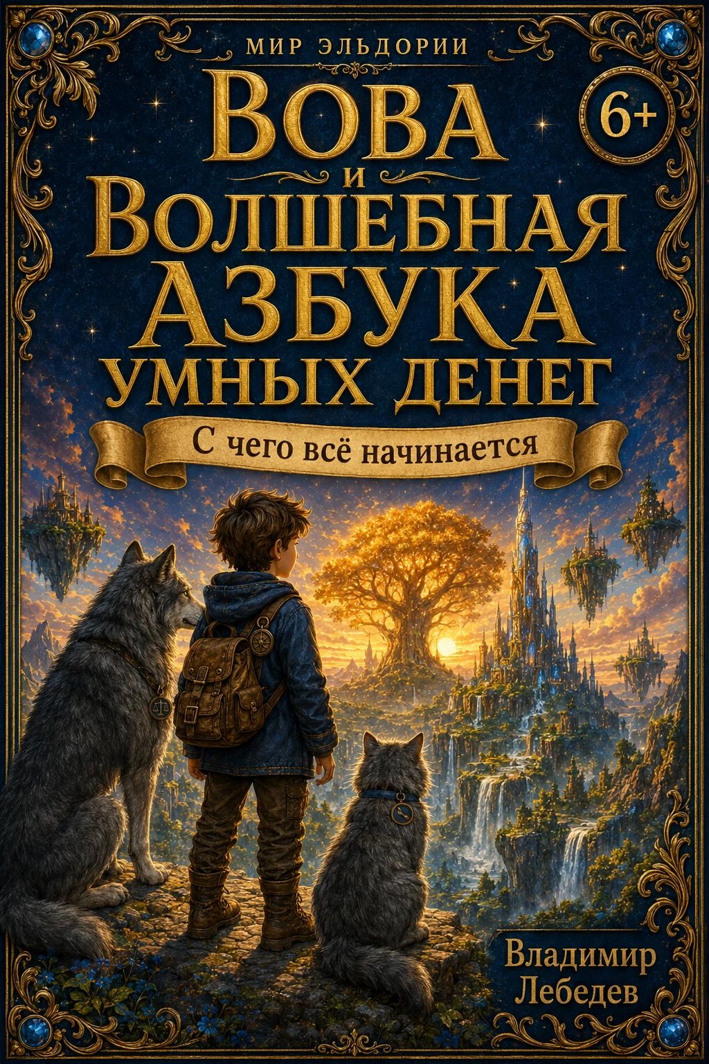 Обложка книги «Вова и Волшебная Азбука Умных Денег» с героями и золотым деревом